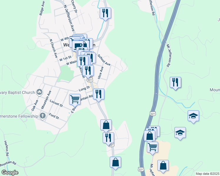 map of restaurants, bars, coffee shops, grocery stores, and more near 1421 Nettle Knob Road in Jefferson