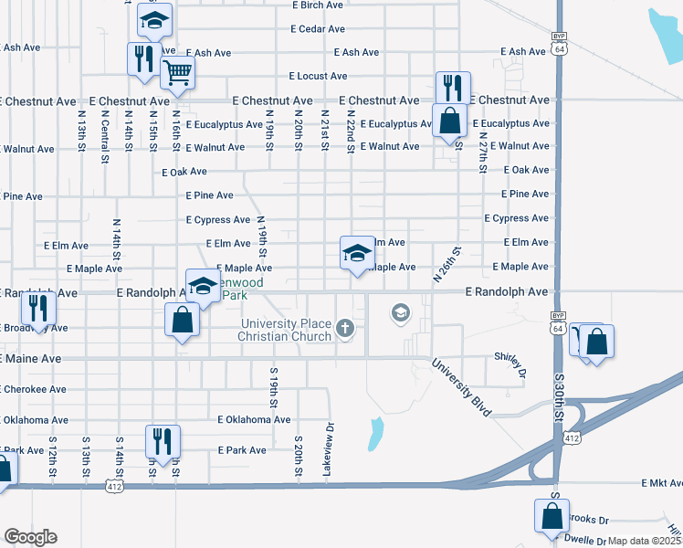 map of restaurants, bars, coffee shops, grocery stores, and more near 2202 East Maple Avenue in Enid