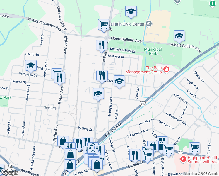 map of restaurants, bars, coffee shops, grocery stores, and more near 504 Vena Stuart Drive in Gallatin