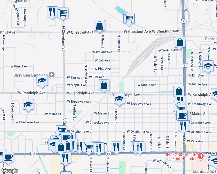 map of restaurants, bars, coffee shops, grocery stores, and more near 1924 West Maple Avenue in Enid