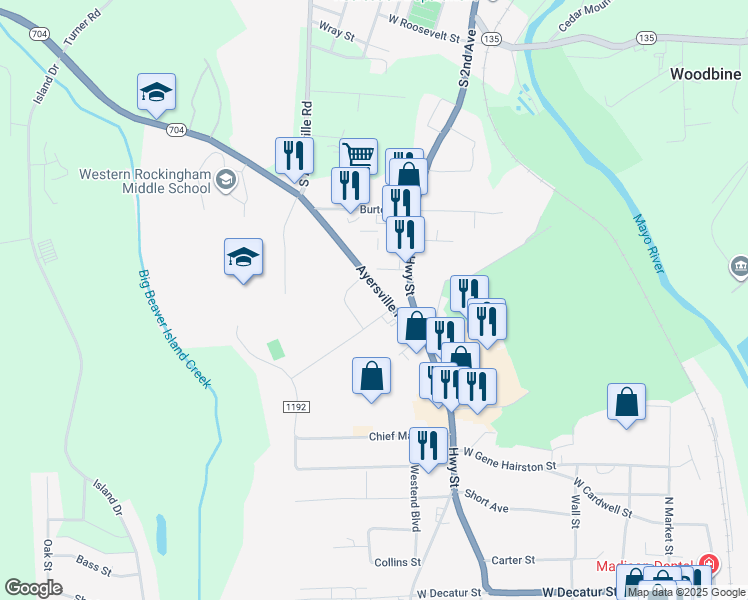 map of restaurants, bars, coffee shops, grocery stores, and more near 705 Ayersville Road in Madison