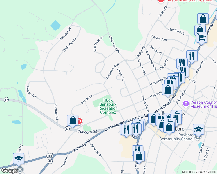 map of restaurants, bars, coffee shops, grocery stores, and more near 244 Crestwood Drive in Roxboro