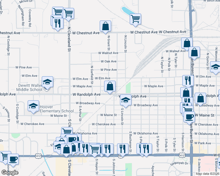 map of restaurants, bars, coffee shops, grocery stores, and more near 1924 West Maple Avenue in Enid