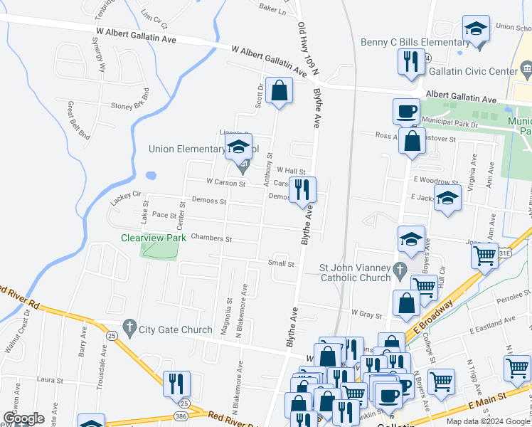 map of restaurants, bars, coffee shops, grocery stores, and more near 615 Anthony Street in Gallatin