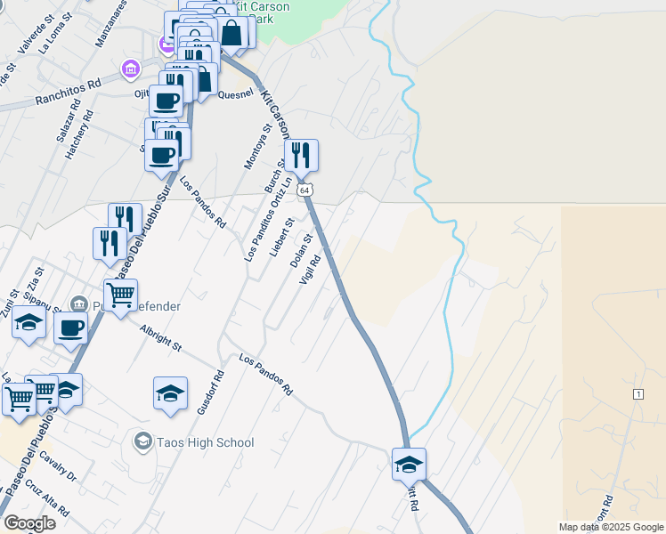 map of restaurants, bars, coffee shops, grocery stores, and more near 423 Kit Carson Rd in Taos