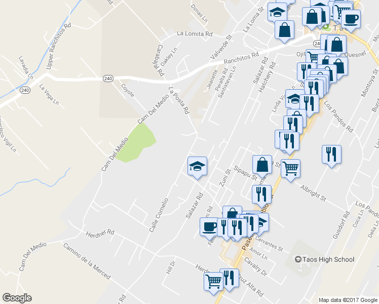 map of restaurants, bars, coffee shops, grocery stores, and more near La Posta Road in Taos