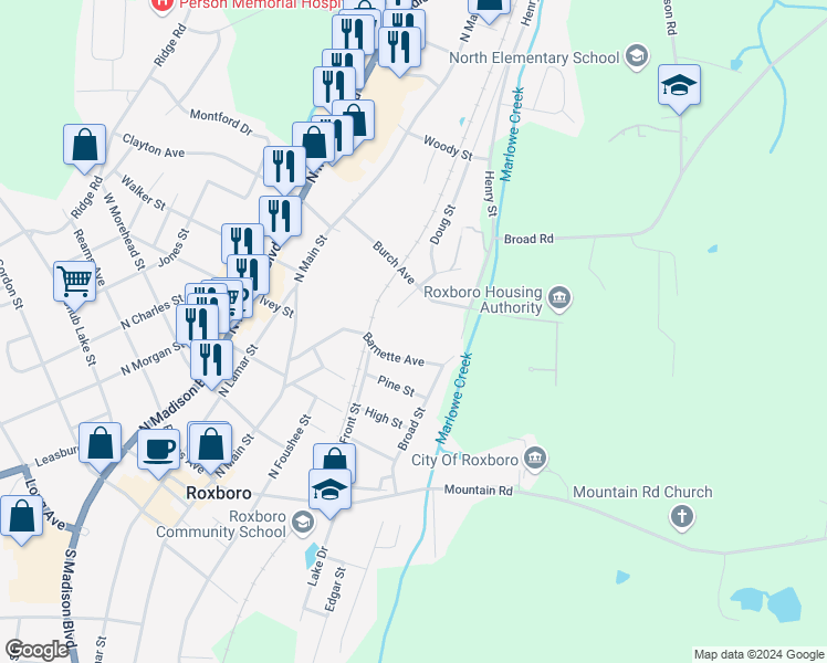 map of restaurants, bars, coffee shops, grocery stores, and more near 309 Burch Avenue in Roxboro