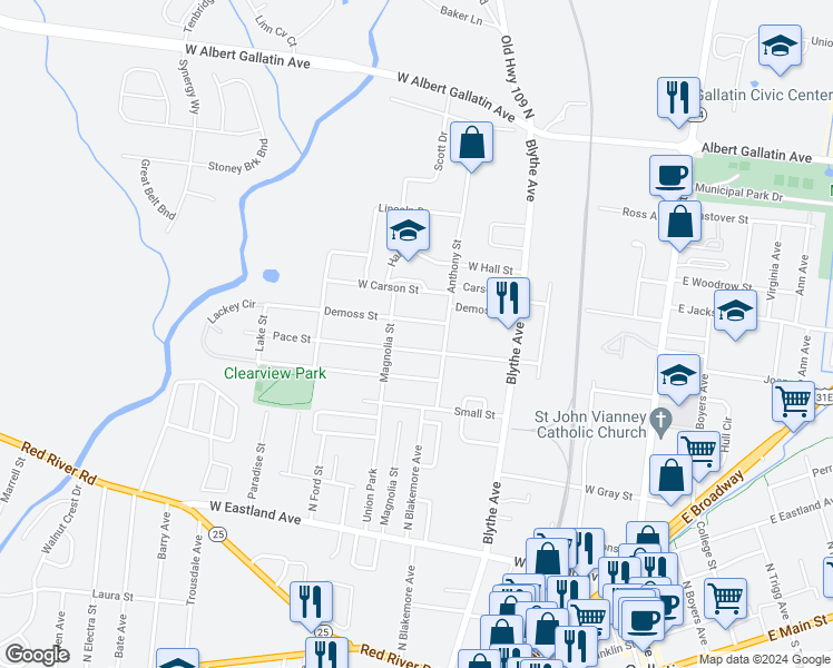 map of restaurants, bars, coffee shops, grocery stores, and more near 509 Demoss Street in Gallatin