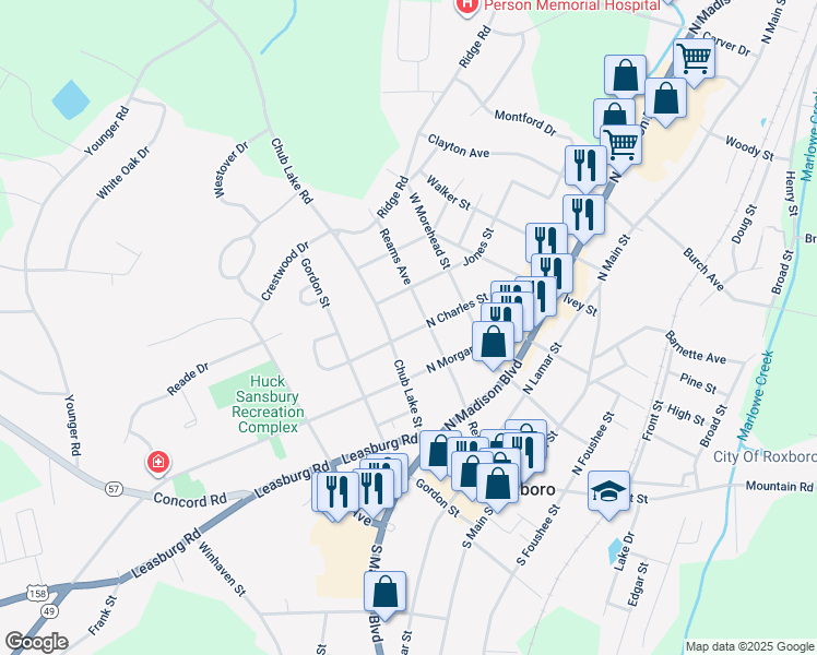 map of restaurants, bars, coffee shops, grocery stores, and more near 111 North Charles Street in Roxboro