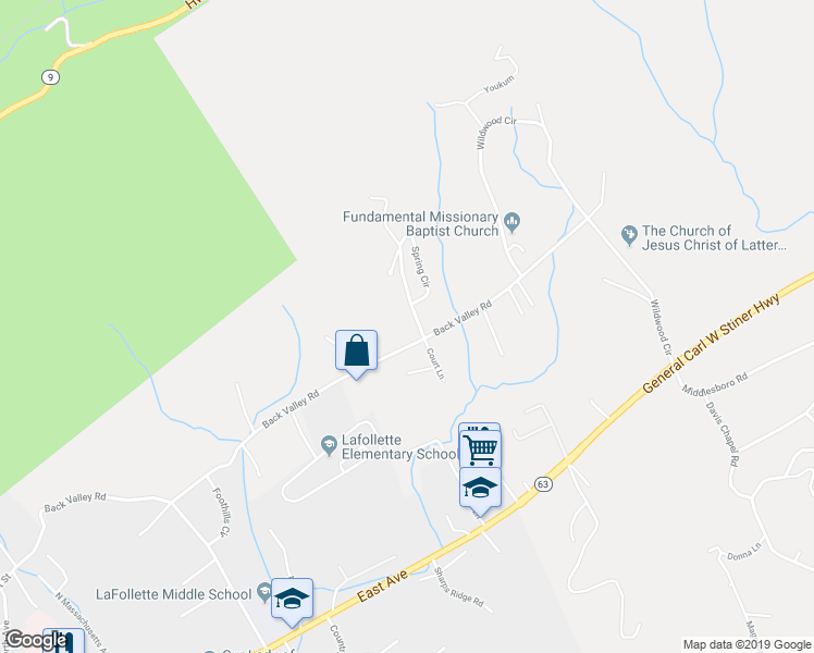 map of restaurants, bars, coffee shops, grocery stores, and more near 119 Meadowood Circle in LaFollette