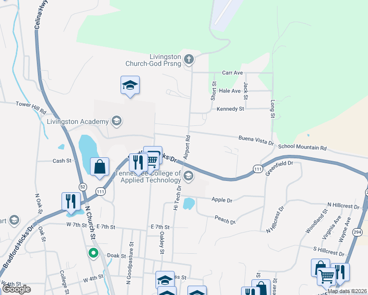 map of restaurants, bars, coffee shops, grocery stores, and more near 115 Airport Road in Livingston