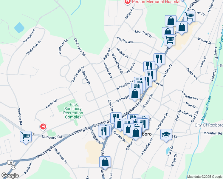 map of restaurants, bars, coffee shops, grocery stores, and more near 111 North Charles Street in Roxboro