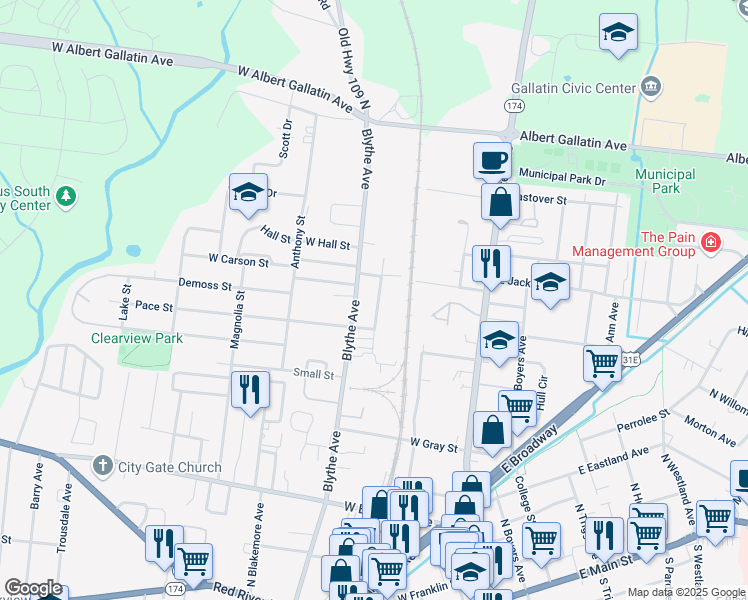 map of restaurants, bars, coffee shops, grocery stores, and more near 630 North Council Avenue in Gallatin