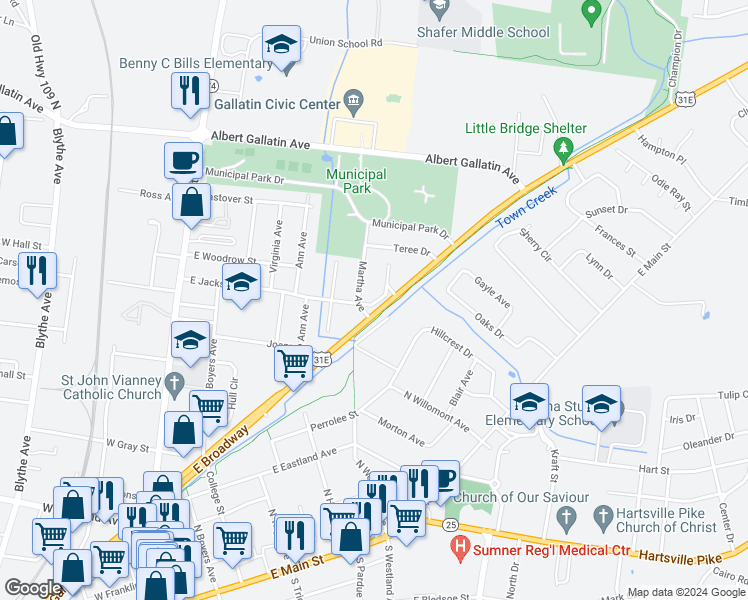 map of restaurants, bars, coffee shops, grocery stores, and more near 610 Ruth Avenue in Gallatin
