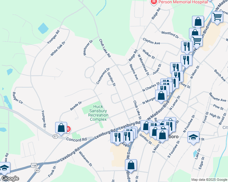 map of restaurants, bars, coffee shops, grocery stores, and more near 421 West Gordon Street in Roxboro