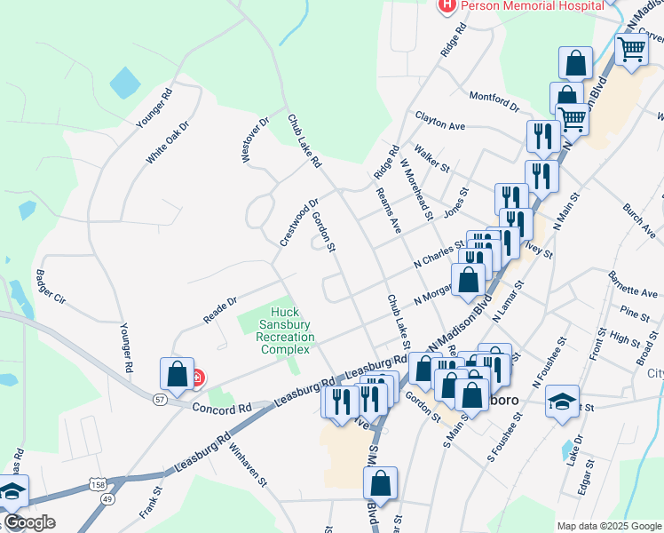 map of restaurants, bars, coffee shops, grocery stores, and more near 421 West Gordon Street in Roxboro