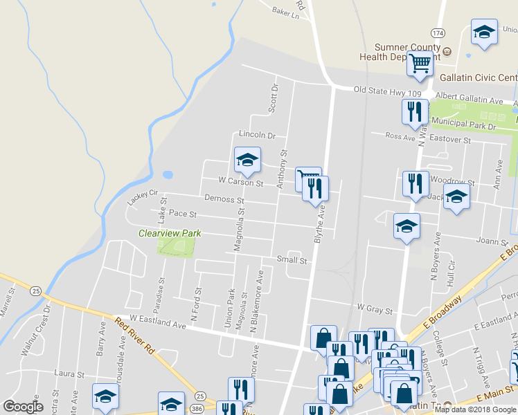 map of restaurants, bars, coffee shops, grocery stores, and more near 509 Demoss Street in Gallatin