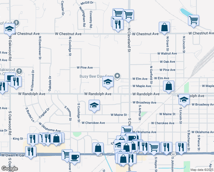 map of restaurants, bars, coffee shops, grocery stores, and more near 2604 West Randolph Avenue in Enid