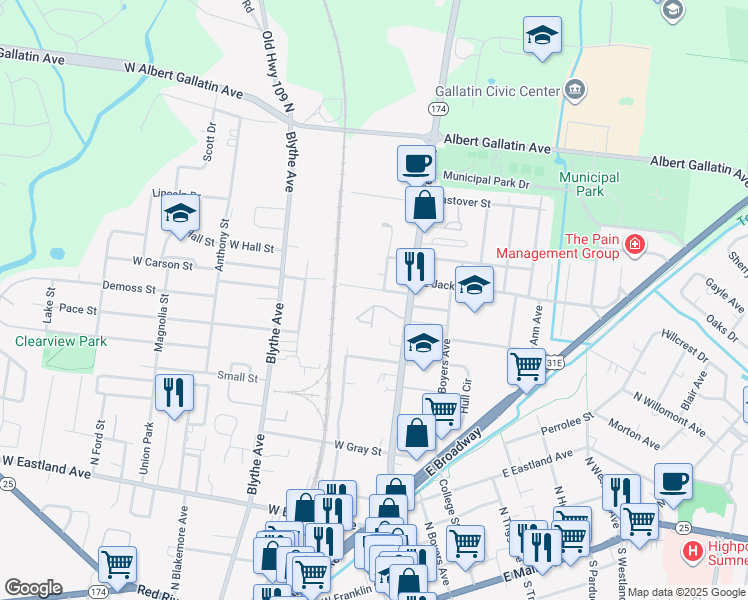 map of restaurants, bars, coffee shops, grocery stores, and more near 614 North Water Avenue in Gallatin