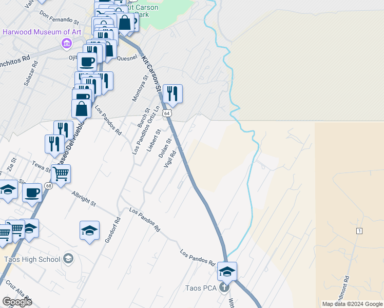 map of restaurants, bars, coffee shops, grocery stores, and more near 413-423 Kit Carson Road in Taos