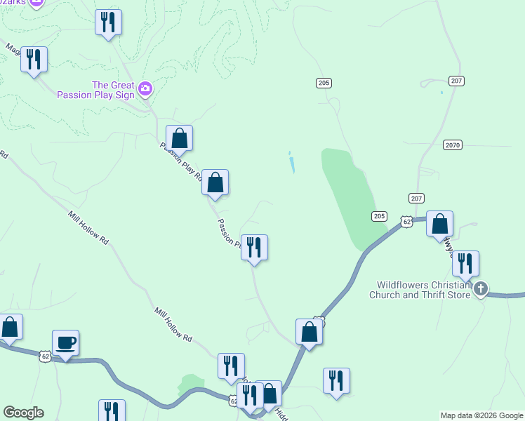 map of restaurants, bars, coffee shops, grocery stores, and more near 165 Potter House Road in Eureka Springs