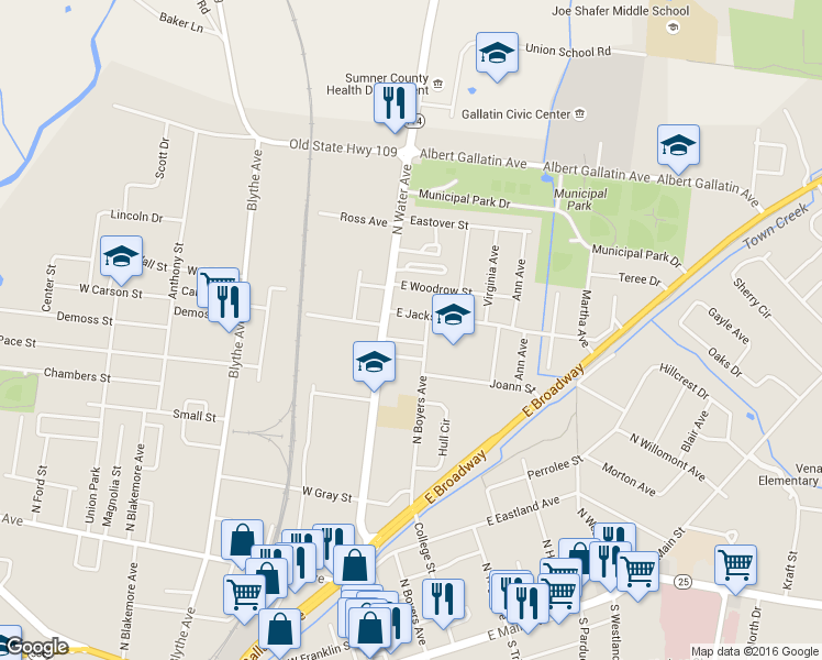 map of restaurants, bars, coffee shops, grocery stores, and more near 504 Vena Stuart Dr in Gallatin