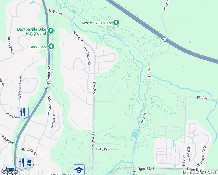 map of restaurants, bars, coffee shops, grocery stores, and more near 2211 Northwest Willow Street in Bentonville