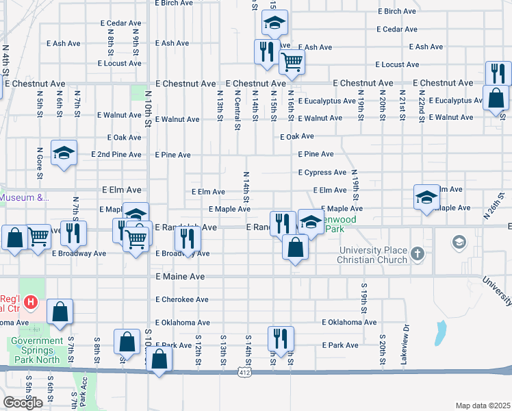 map of restaurants, bars, coffee shops, grocery stores, and more near 1414 East Maple Avenue in Enid