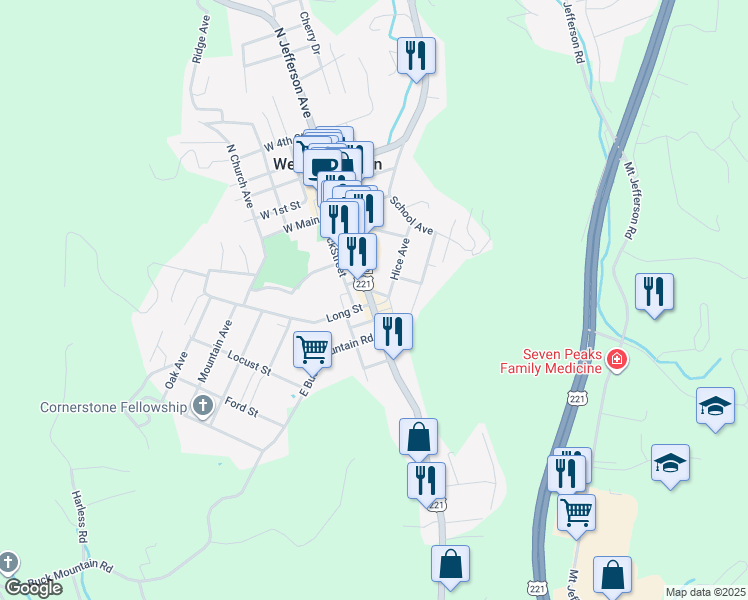 map of restaurants, bars, coffee shops, grocery stores, and more near 317 South Jefferson Avenue in West Jefferson