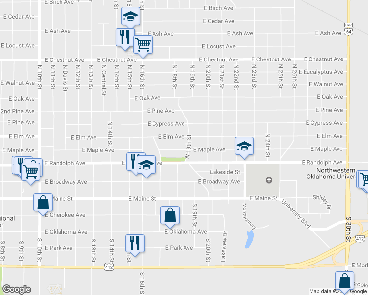 map of restaurants, bars, coffee shops, grocery stores, and more near 1832 East Maple Avenue in Enid