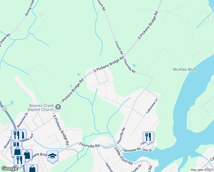 map of restaurants, bars, coffee shops, grocery stores, and more near 145 Lester Heights Road in Johnson City