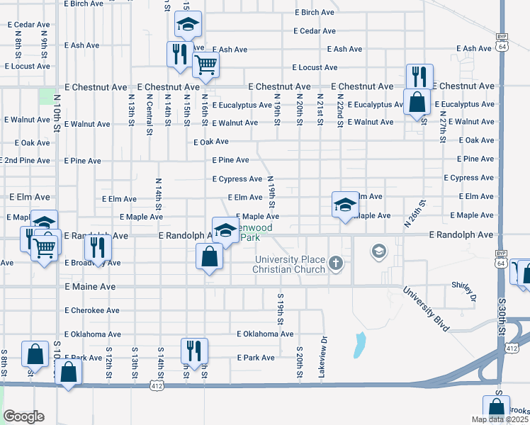 map of restaurants, bars, coffee shops, grocery stores, and more near 1832 East Maple Avenue in Enid