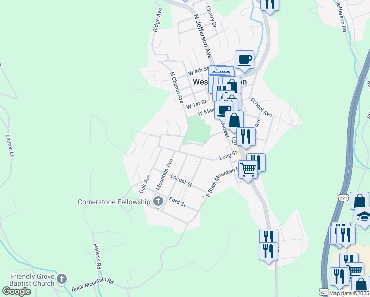 map of restaurants, bars, coffee shops, grocery stores, and more near 400 Park Road in West Jefferson