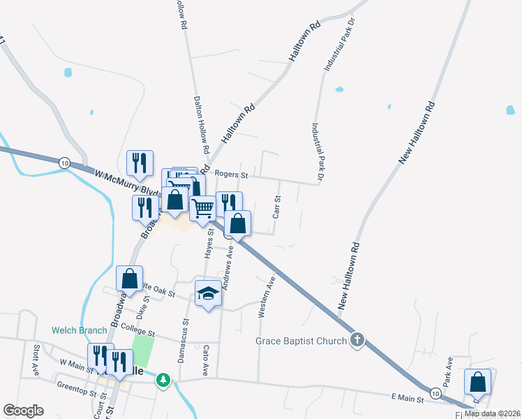 map of restaurants, bars, coffee shops, grocery stores, and more near 107 Carr Street in Hartsville