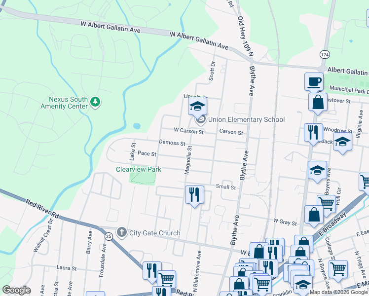 map of restaurants, bars, coffee shops, grocery stores, and more near 607 Demoss Street in Gallatin