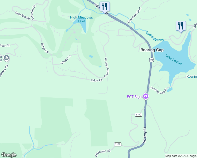 map of restaurants, bars, coffee shops, grocery stores, and more near 70 Ridge Road in Glade Valley