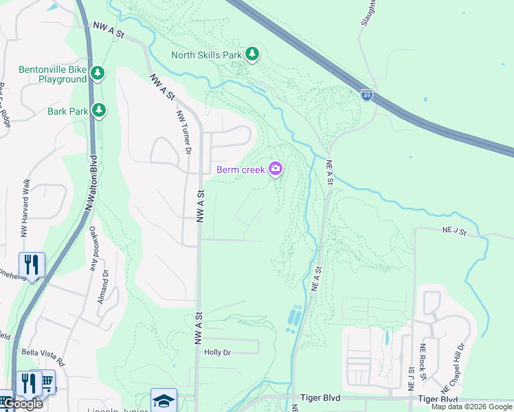map of restaurants, bars, coffee shops, grocery stores, and more near 2303 Northwest Maple Glen Road in Bentonville
