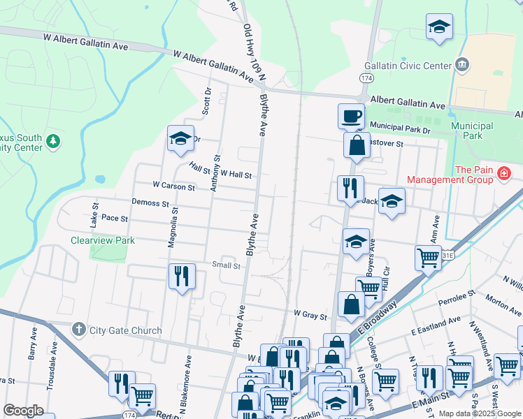 map of restaurants, bars, coffee shops, grocery stores, and more near 630 North Council Avenue in Gallatin
