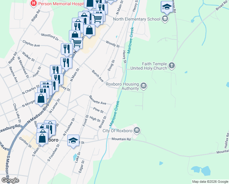 map of restaurants, bars, coffee shops, grocery stores, and more near 423 Broad Street in Roxboro