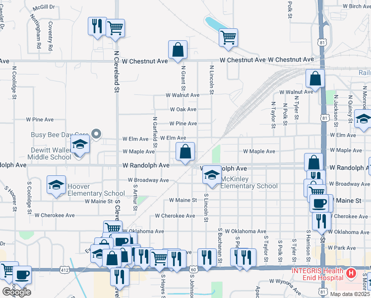 map of restaurants, bars, coffee shops, grocery stores, and more near 1924 West Maple Avenue in Enid