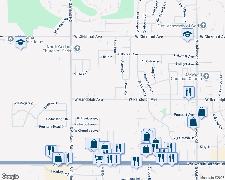 map of restaurants, bars, coffee shops, grocery stores, and more near 218 Wellington Avenue in Enid