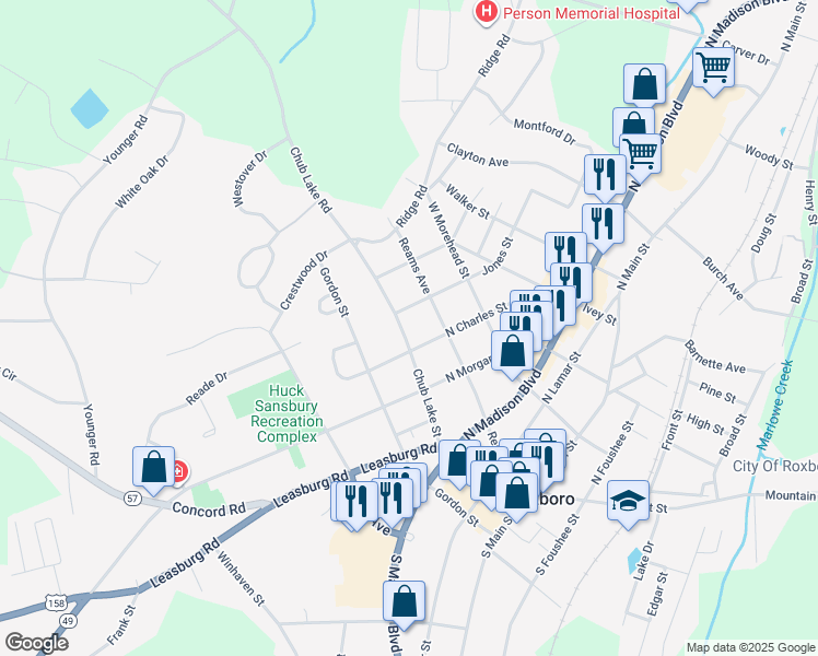 map of restaurants, bars, coffee shops, grocery stores, and more near 416 Chub Lake Street in Roxboro