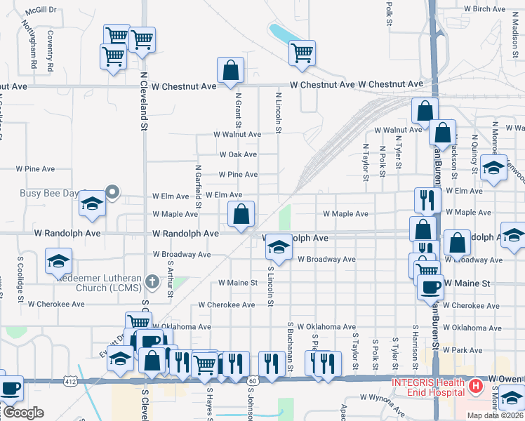 map of restaurants, bars, coffee shops, grocery stores, and more near 1810 West Maple Avenue in Enid
