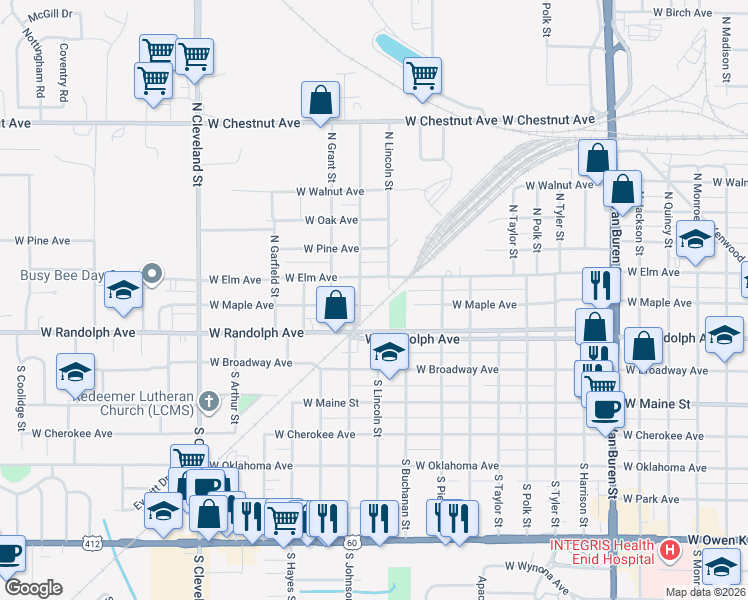 map of restaurants, bars, coffee shops, grocery stores, and more near 1810 West Maple Avenue in Enid