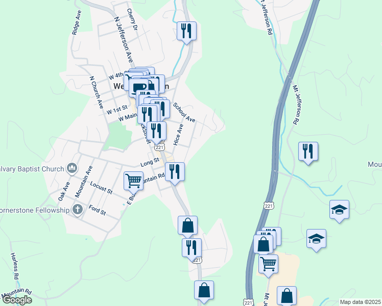 map of restaurants, bars, coffee shops, grocery stores, and more near 1421 Nettle Knob Road in Jefferson