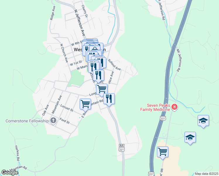 map of restaurants, bars, coffee shops, grocery stores, and more near 317 South Jefferson Avenue in West Jefferson