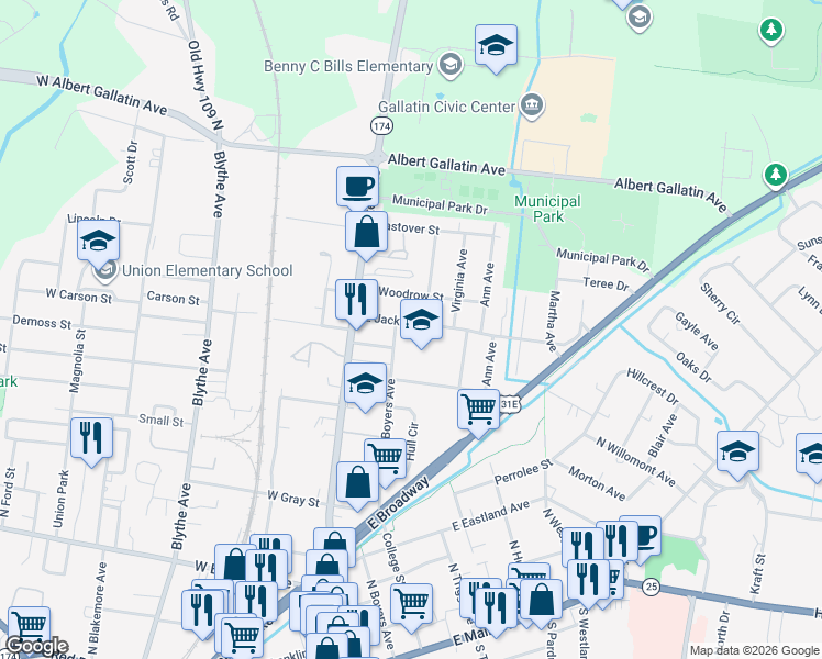 map of restaurants, bars, coffee shops, grocery stores, and more near 217 East Jackson Street in Gallatin