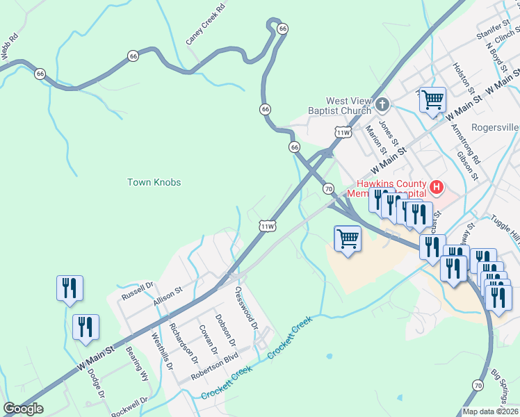 map of restaurants, bars, coffee shops, grocery stores, and more near 116 Spindletop Drive in Rogersville
