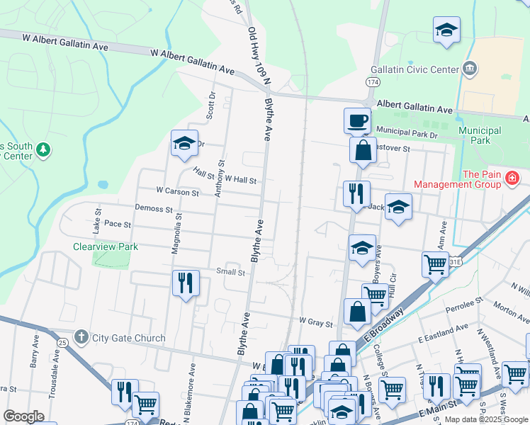 map of restaurants, bars, coffee shops, grocery stores, and more near 630 North Council Avenue in Gallatin