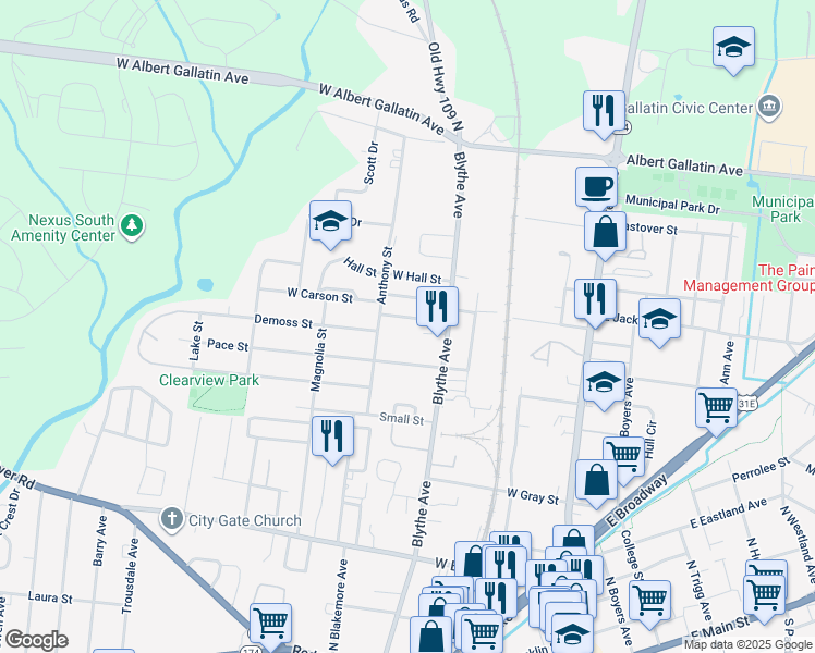 map of restaurants, bars, coffee shops, grocery stores, and more near 417 Demoss Street in Gallatin